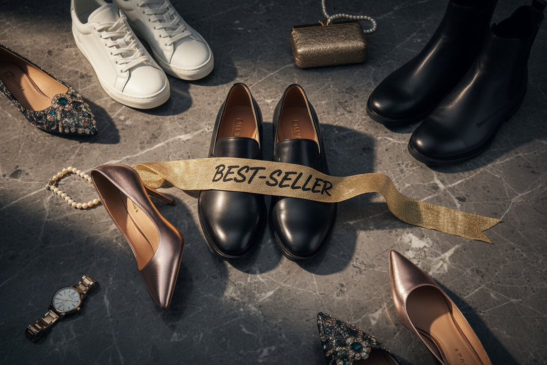 Best selling premium men's and women's shoes on dark marble surface with gold best seller accent | Soleavy